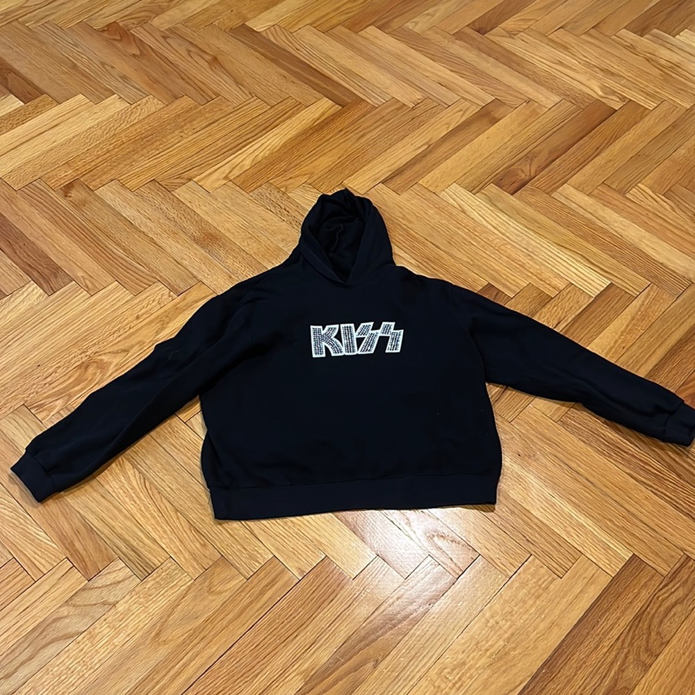 Adorable size XL kids black hoodie with KISS in center in rhinestones